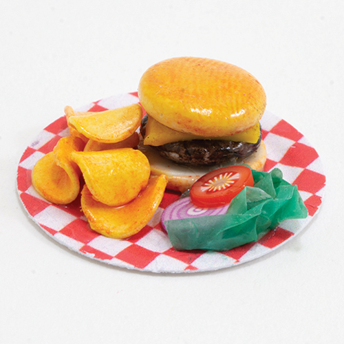 ART211 - Hamburger with Chips and Toppings on Checkered Plate