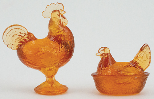 CB152A - Rooster and Hen Figurines, Amber