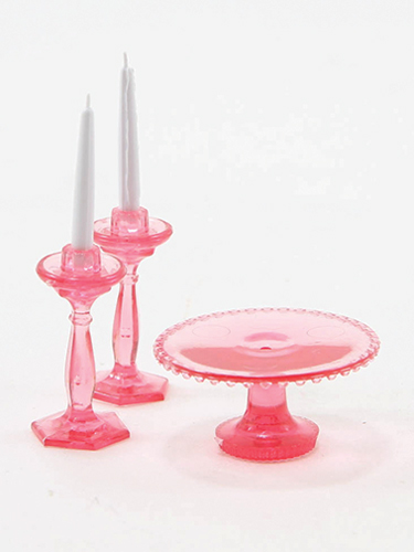 CB70P - Cake Plate with 2 Candlesticks, Pink