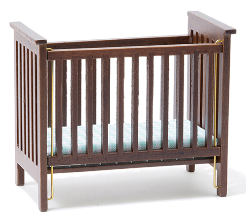 CLA10617 - Slatted Nursery Crib, Walnut with Blue Pattern Fabric  ()
