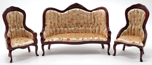 CLA91711 - Victorian Sofa and Chair Set, 3pc, Mahogany, Floral Fabric