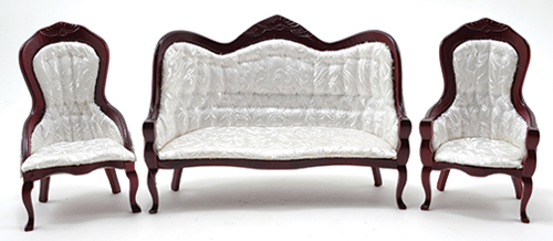 CLA91714 - Victorian Sofa and Chair Set, 3Pc, Mahogany, White Brocade Fabric
