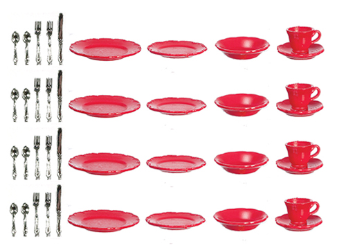 FR40316 - Red Dishes and Cups with Silverware, 40 Pieces