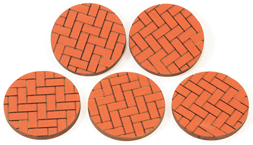 AS555 - Brick Walkways: Round Brick Pavers, 2 Inch Diameter x 3/16 Inch Basswood, Painted Brick, 5 Pieces