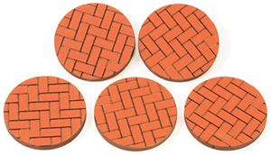 AS555 - Brick Walkways: Round Brick Pavers, 2 Inch Diameter x 3/16 Inch Basswood, Painted Brick, 5 Pieces