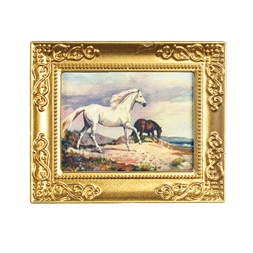 AZB3383G - White Horse/Gold Frame