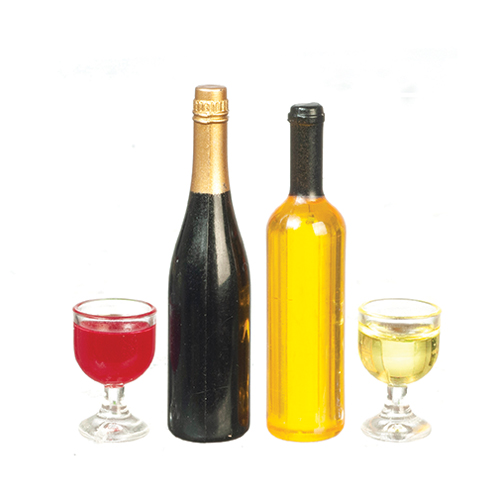 AZG8297 - 2 Unlabeled Bottles, 2 Filled Glasses Wine