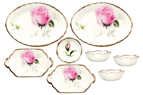 AZG8432 - Bowls/Oval Plate, Pink Rose, 8Pc