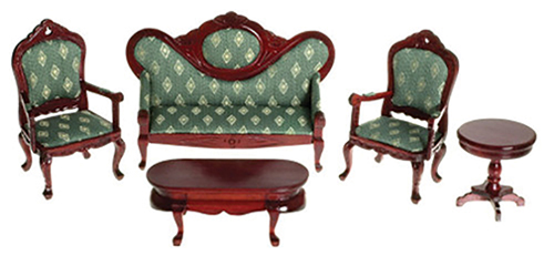 AZT0101 - Victorian Living Room Set, Green/Mahogany, 5Pc, Cs