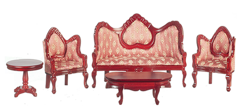 AZT0102 - Victorian Living Room Set, Red/Mahogany, 5Pc, Cs
