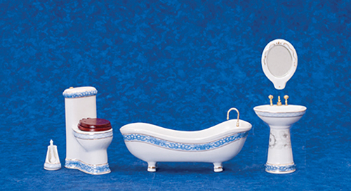 AZT5439 - Bathroom Set, White With Blue Trim, 5Pc