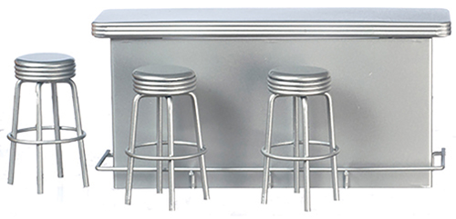 AZT5921 - 1950&#39;S Counter With 3 Stools, Sliver