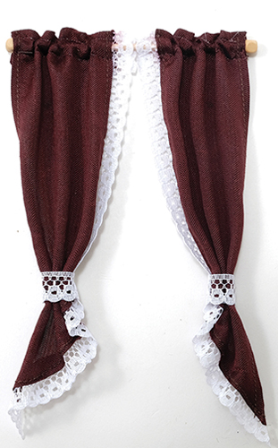 BB70039 - Curtains: Demi Tie Back, Burgandy with White Lace Trim