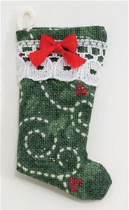 BB90017 - Stocking, Green Christmas Hearts Pattern with Lace and Bow