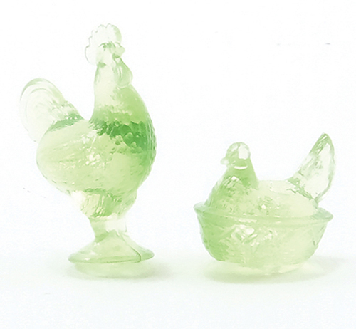 CB152G - Rooster and Nesting Hen Figurines, Green