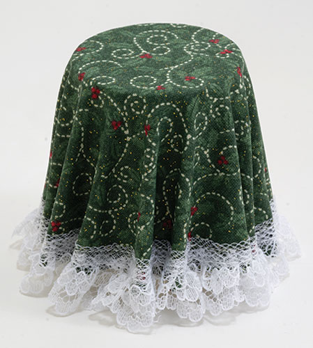 CB174 - Skirted Table: Green Christmas Hearts Pattern with Lace Trim