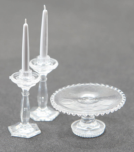 CB70C - Cake Plate with 2 Candlesticks, Clear