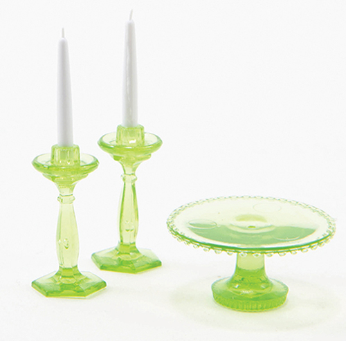 CB70G - Cake Plate with 2 Candlesticks, Green