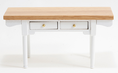 White Vermont table w/ Oak Top, Straight Legs