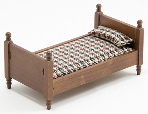CLA10070 - Single Bed, Walnut with Plaid Fabric  ()  NEW FABRIC