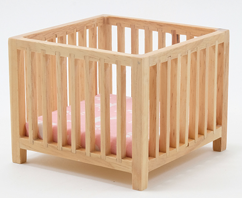 CLA10608 - Slatted Play Pen, Oak with Pink Fabric  ()