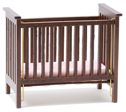 CLA10610 - Slatted Nursery Crib, Walnut with Pink Fabric  ()