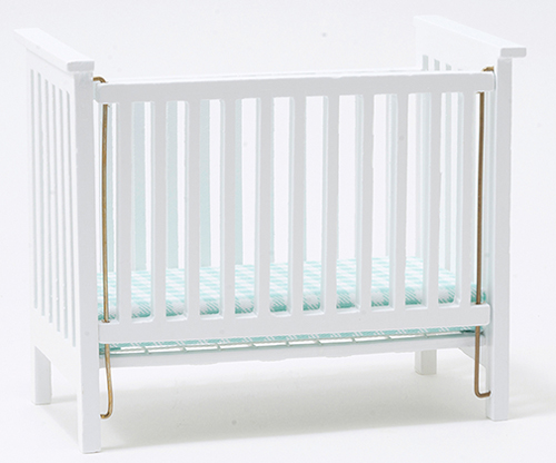 CLA10613 - Slatted Nursery Crib, White with Blue Pattern Fabric  ()