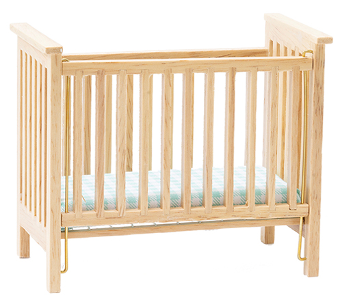 CLA10615 - Slatted Nursery Crib, Oak with Blue Pattern Fabric  ()