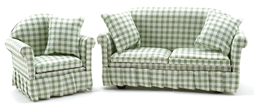 CLA91710 - Sofa and Chair Set, Green &amp; White Check