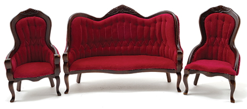 CLA91712 - Victorian Sofa and Chair Set, 3Pc, Walnut,  Red Velour Fabric