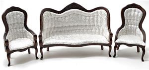 CLA91713 - Victorian Sofa and Chair Set, 3Pc, Walnut, White Brocade Fabric