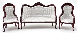 CLA91714 - Victorian Sofa and Chair Set, 3Pc, Mahogany, White Brocade Fabric