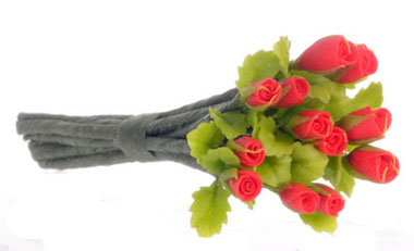 FCA1804RD - Rose Bud with Leaves, Red, 12Pc