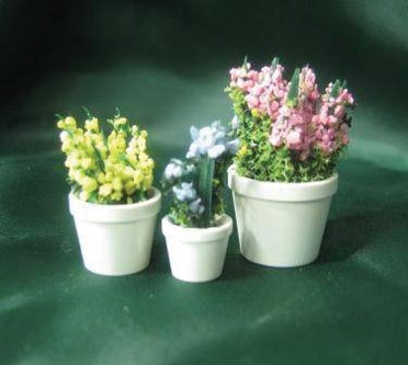 MBFLRP1 - 3 Pots of Hyacinths, 1 Each of Pink, Yellow, Blue, Pots are 3/8, 5/8, 1/2 Inches