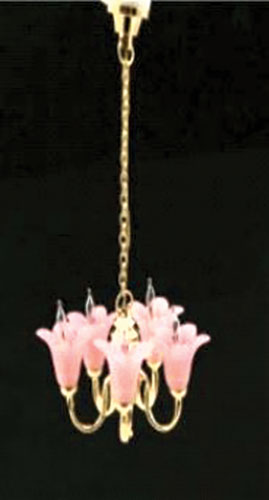 MH56023 - LED Battery 5-Arm Tulip Pink Chandelier with Wand, CR1632 Battery Included, 3 Volt
