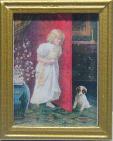 NCRA0203 - Picture, Girl/Dog, Gold Frame 1 3/4 X 2 1/4