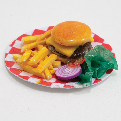ART209 - Hamburger with Fries and Toppings on Checkered Plate
