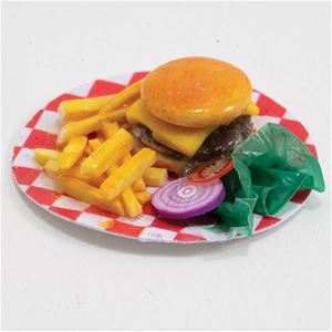 ART209 - Hamburger with Fries and Toppings on Checkered Plate