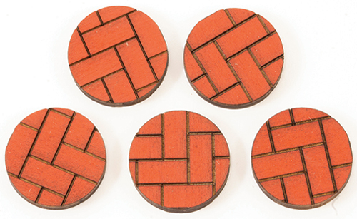 AS553 - Brick Walkways: Round Brick Pavers, 1 Inch Diameter x 3/16 Inch Basswood, Painted Brick, 5 Pieces