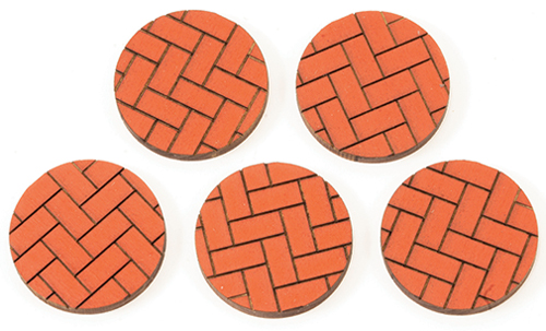 AS554 - Brick Walkways: Round Brick Pavers, 1-1/2 Inch Diameter x 3/16 Inch Basswood, Painted Brick, 5 Pieces