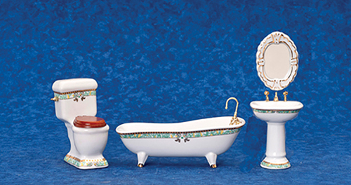 AZT5249 - Porcelain Bathroom Set, Green Trim, 4Pc