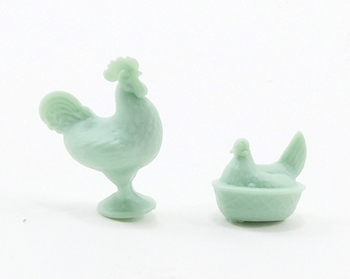 CB152J - Rooster &amp; Hen Figurines, Jadite