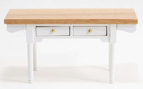 White Vermont table w/ Oak Top, Straight Legs