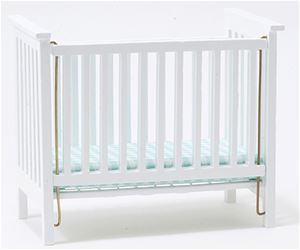 CLA10613 - Slatted Nursery Crib, White with Blue Pattern Fabric  ()