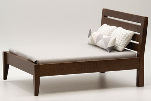 CLA12055 - Bed, Walnut with Gray Fabric, 3 Pillows