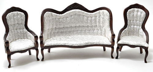 CLA91713 - Victorian Sofa and Chair Set, 3Pc, Walnut, White Brocade Fabric
